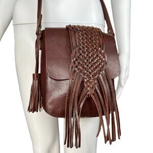 Y2K Lucky Brand Brown Leather Whipstitch Flap Fringe Crossbody Shoulder Bag Boho